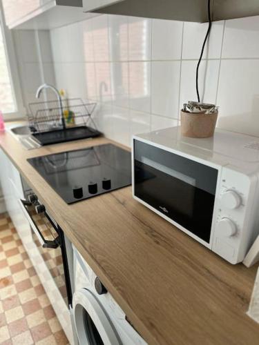 un micro-ondes posé sur un comptoir dans une cuisine dans l'établissement Le Chaleureux, au Havre