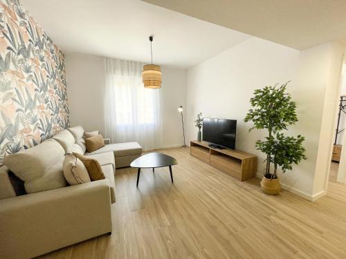 a living room with a couch and a tv at Apartamentos Zaragoza Gran Vía 3000 in Zaragoza