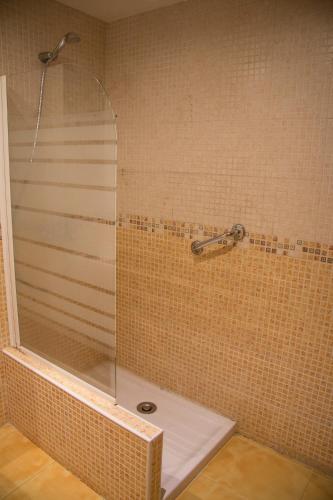a shower with a glass door in a bathroom at Apartahotel Rural CollaRubio Luxury in Collado Mediano