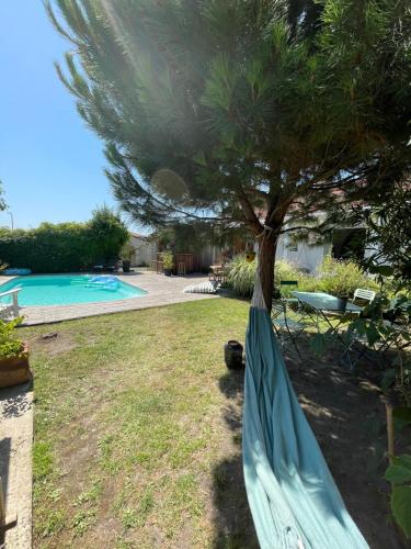 - un hamac sous un arbre à côté de la piscine dans l'établissement Maison de charme familiale Bassin Arcachon, à La Teste-de-Buch