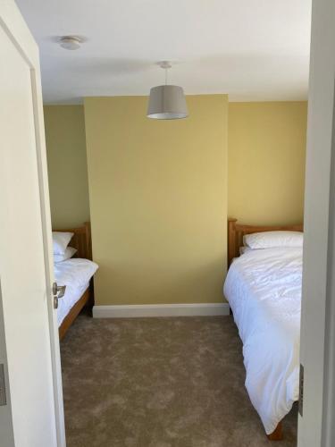 a bedroom with two beds and a yellow wall at Farm Cottage in Clonakilty in Clonakilty