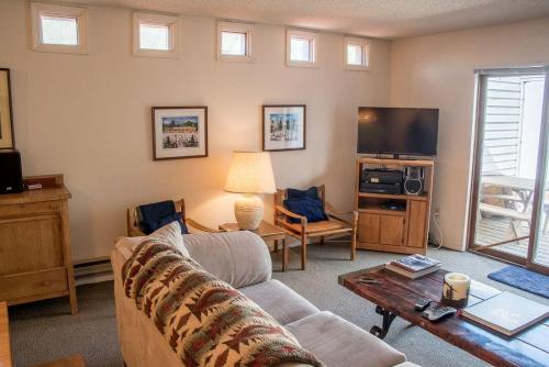 a living room with a couch and a tv at Habitat Condo A7 in Ketchum
