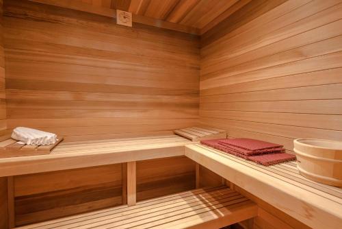 a sauna with wooden walls and wooden counters at Lodge Apartment II Condo 878 in Sun Valley