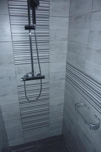 une douche avec pommeau de douche dans une salle de bain dans l'établissement L'escale, à Bretteville-sur-Ay