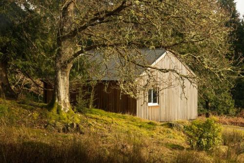 a barn sitting on a hill next to a tree at Timber Cottage in Acharacle