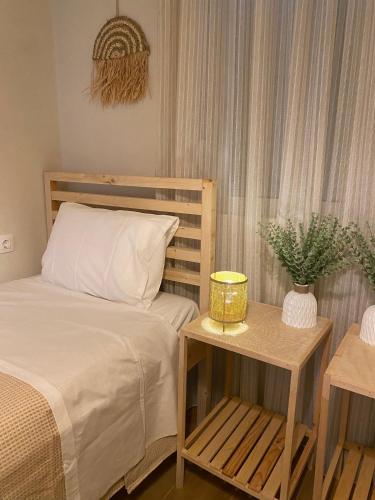 a bedroom with a bed and a table with a plant on it at Bohemian Paradise Villa in Paradeísion