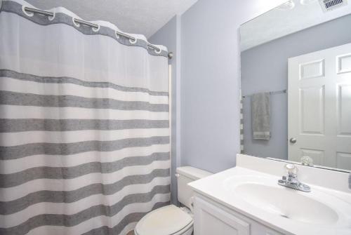 a bathroom with a sink and a shower curtain at Eagle's Edge In Auburn in Auburn
