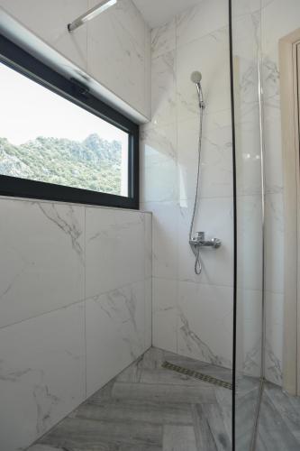 a bathroom with a shower with a glass door at Apartments Jadranski Biser in Čanj
