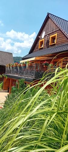 a house with potted plants on a balcony at Staro Chałpa in Istebna