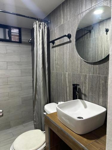 a bathroom with a sink and a toilet and a mirror at APARTAMENTOS AMBASSADOR in Tijuana