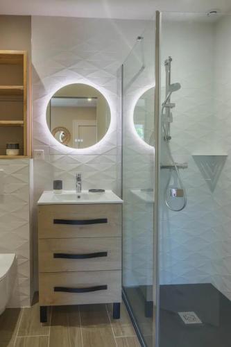 une salle de bain avec un lavabo et une douche avec un miroir dans l'établissement Aux cerisiers Olivet, à Olivet