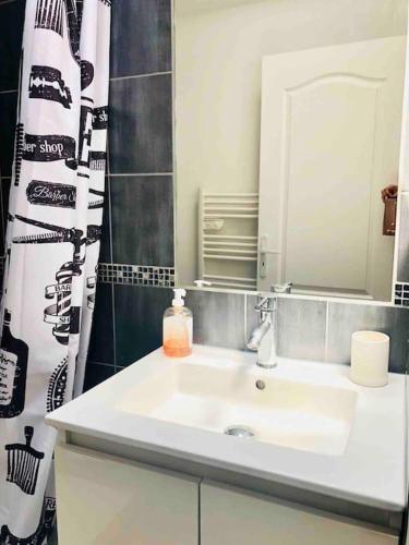 une salle de bain avec un lavabo blanc et un miroir dans l'établissement Fabulous Apartment AC Lovely Terrace 10 min Paris, à Vitry-sur-Seine