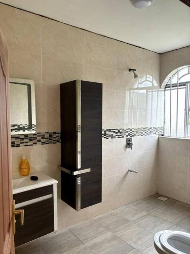 ein Badezimmer mit Waschbecken und Dusche in der Unterkunft Comfortable house in Solai in Nakuru