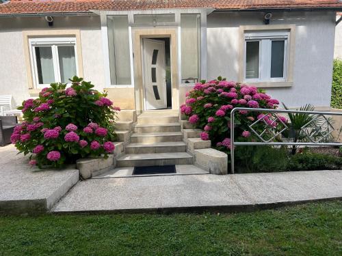 une maison avec des fleurs roses et des escaliers devant dans l'établissement Maisonnette atypique, à Crégy-lès-Meaux