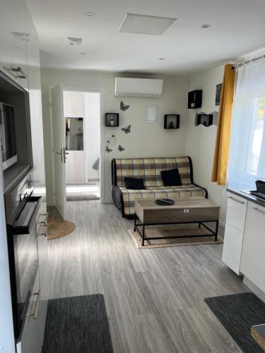 un salon avec un canapé et une table dans l'établissement Maisonnette atypique, à Crégy-lès-Meaux
