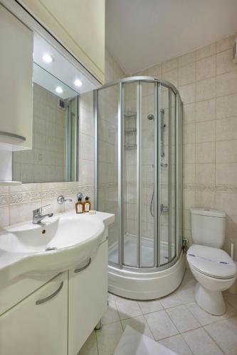 a bathroom with a shower and a sink and a toilet at Private Modern Duplex 2bed1bath w Terrace! #76 in Istanbul