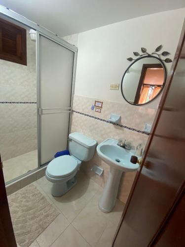 a bathroom with a toilet and a sink and a mirror at Hospedaje La Casona de San Francisco in Monguí