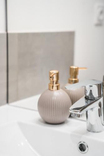 un lavabo de salle de bain avec un distributeur de savon dessus dans l'établissement Etoile des Halles Bergerac centre, à Bergerac