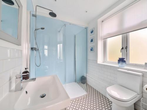 a white bathroom with a sink and a toilet at Mallacleave House in Bideford
