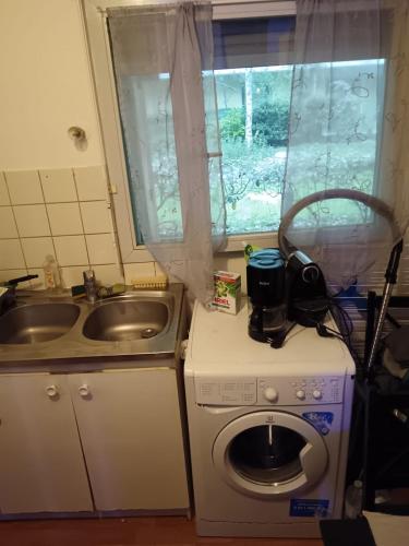une cuisine avec une machine à laver et un évier dans l'établissement studio, à Saint-Denis