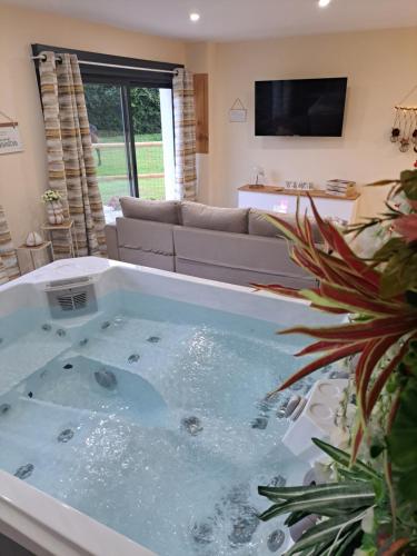 a jacuzzi tub in the middle of a living room at Les suites d'Élise - Gîte Agathe in Grumesnil