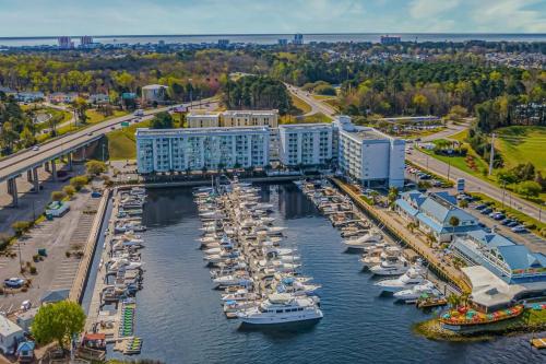 an aerial view of a marina with boats in the water at Harbourgate Resort Charming Marina Front Unit 122 in Myrtle Beach