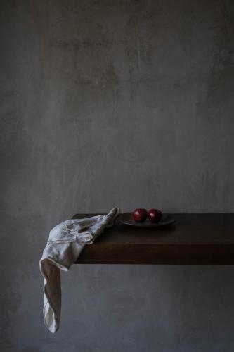 a plate of food with two apples on a table at Casa Michaus Valle de Guadalupe in Valle de Guadalupe