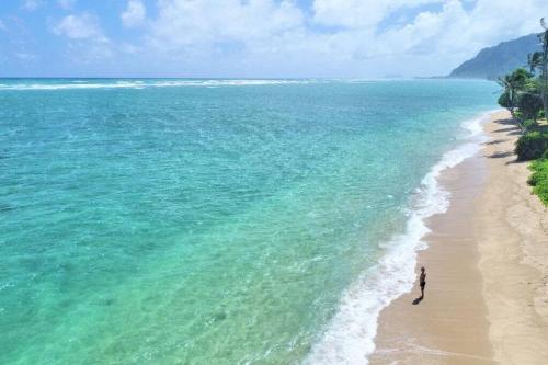a person walking on a beach near the ocean at Luxury Beachfront Condo in Hauula