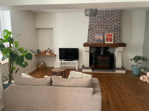 un salon avec un canapé et une cheminée dans l'établissement Maison de ville à deux pas de la dune du Pilat, à Salles