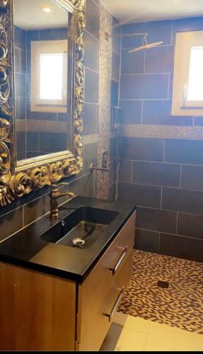 une salle de bain avec un lavabo et un miroir dans l'établissement Maison Laurier 3 chambres, à Bagnols-sur-Cèze