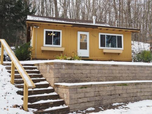 a small yellow tiny house with snow on the ground at The Crystalaire Cabin - Charming And Relaxing! in Frankfort