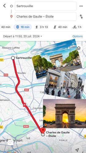a screenshot of a google maps page with a map at Splendide Studio très proche gare - 16min Champs-Élysées in Sartrouville