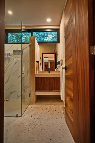 a bathroom with a glass shower and a mirror at Luxury 5-br Oasis Golf, Private Pool, Beach! in Akumal