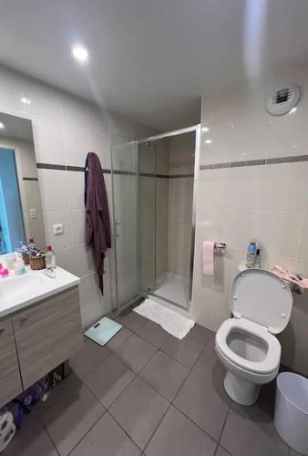une salle de bain avec une douche, des toilettes et un lavabo dans l'établissement Appartement - Batignolles Paris, à Paris