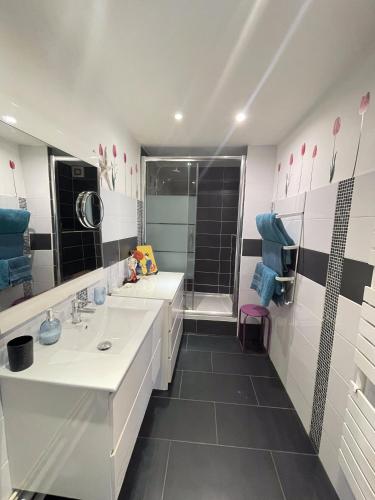 une salle de bain avec deux lavabos et une douche dans l'établissement Beau 2 pièces à gare de Bondy et à seulement 10 min de Paris, à Bondy