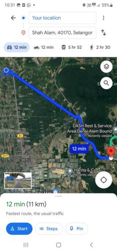 a screenshot of a map with a blue line on it at Homestay Warisan Iman in Klang