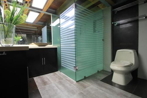 a bathroom with a toilet and a glass shower stall at Boutique Apartment PBK in Mexico City