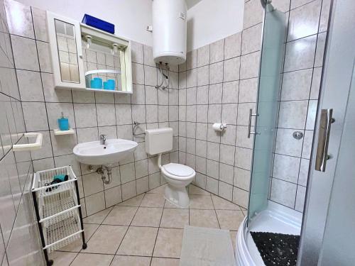 a bathroom with a toilet and a sink and a shower at Apartments with parking space Silo, Krk - 18757 in Šilo