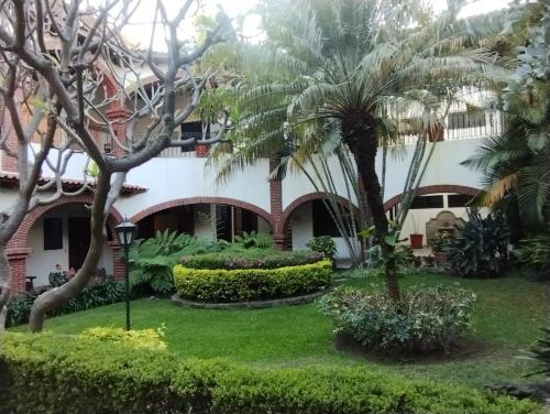 a courtyard of a hotel with palm trees and bushes at Hotel Vista Hermosa in Cuernavaca