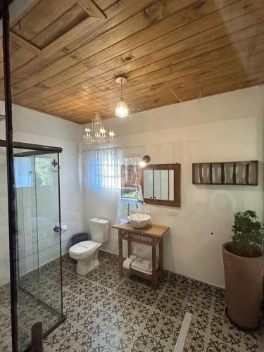 a bathroom with a toilet and a glass shower at Campos do Jordão Chalés in Campos do Jordão
