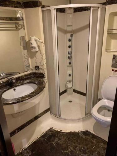 a bathroom with a shower and a toilet at نايل كروز المعادي in Cairo