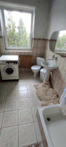 a bathroom with two toilets and a sink and a window at Adam room piwnica in Wrocław