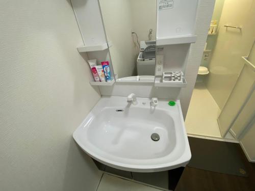 a bathroom with a white sink and a mirror at 高島市一棟貸切 Biwa Lake琵琶湖 徒歩0分 大人数でご利用だとお得連泊がお得BBQ自転車無料利用可ペット可 in Takashima