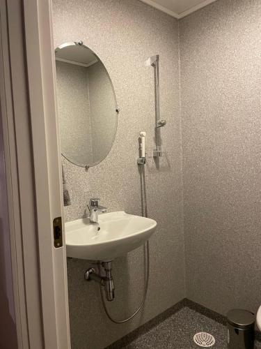 a bathroom with a sink and a mirror at Hyggelig lille lejlighed in Tórshavn
