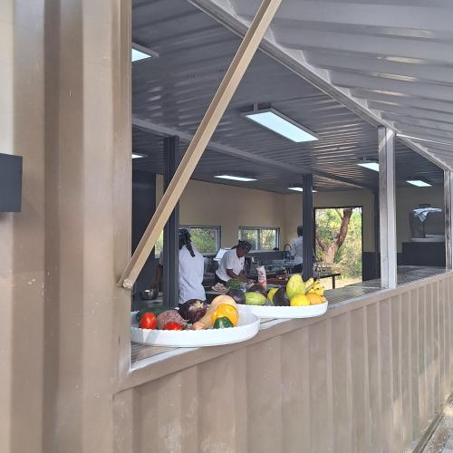 a group of people in a kitchen with fruit on plates at Elephant lodge in Kwa Kuchinia
