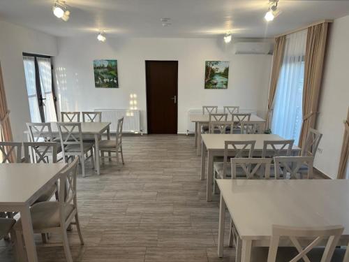 a dining room with tables and chairs at Pensiunea Acvila in Dunavăţu de Jos