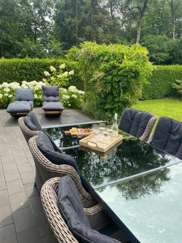 a patio with a glass table and chairs at het Veluws paradijs, nu met extra bij te boeken Hottub in Voorthuizen