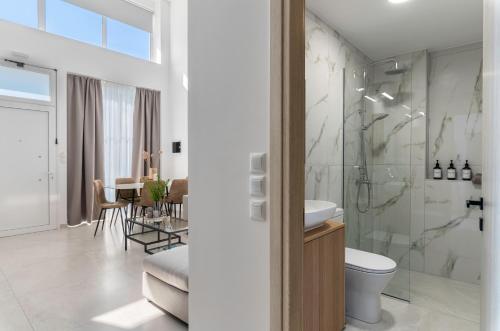 a bathroom with a shower and a toilet and a sink at Calliope luxury loft with backyard in Ierápetra