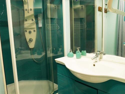 une salle de bain avec un lavabo et une douche dans l'établissement Charmante villa avec piscine tout près de l'étang., à Sète