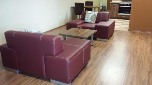 a living room with two purple couches and a table at Penzion 324 in Štoky